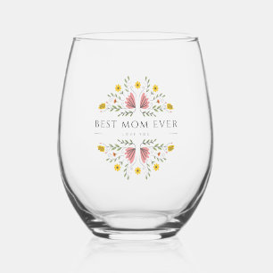 Verre À Vin Sans Pied "Meilleure maman jamais" élégant avec de jolies fl
