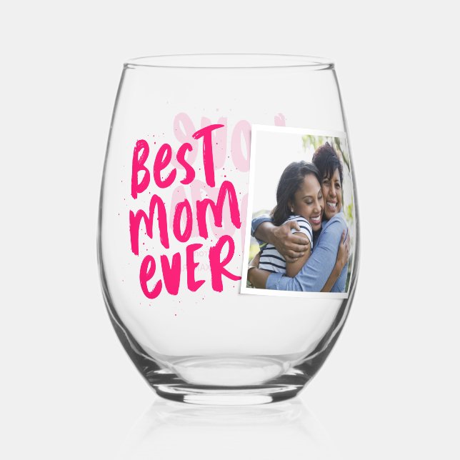 Verre À Vin Sans Pied Meilleure maman jamais rose moderne photo Fête des (Recto)