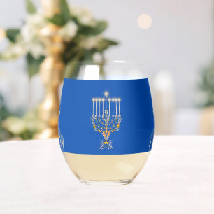 Verre À Vin Sans Pied Menorah élégante bleue de Hanoukka en argent