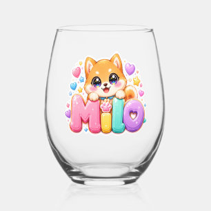 Verre À Vin Sans Pied Mignon Kawaii Milo Nom de Chien Rose Pastel Étince