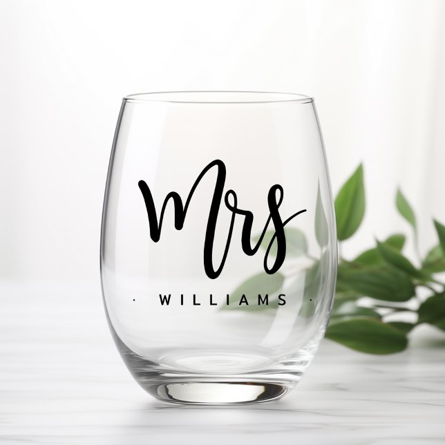 Verre À Vin Sans Pied Mme nom mariage de script de calligraphie (Mrs name calligraphy script wedding stemless wine glass)