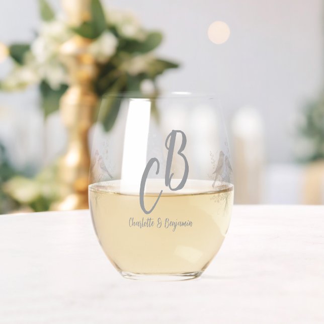 Verre À Vin Sans Pied Modern floral Bird Overlay Flowers Monogram weddin (Insitu (Mariage))