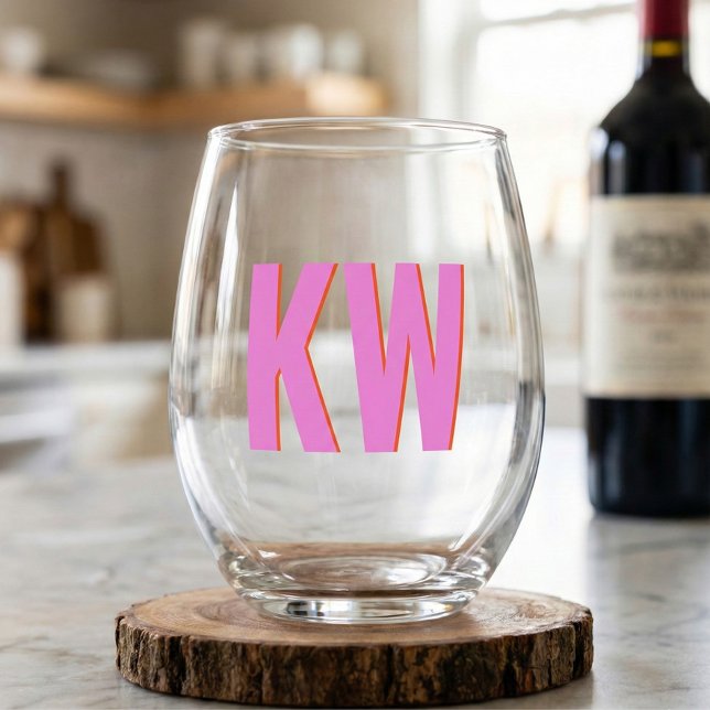 Verre À Vin Sans Pied Moderne Monogramme ombré rose rouge personnalisé (Créateur téléchargé)