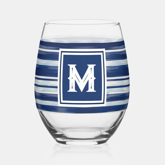 Verre À Vin Sans Pied Monogramme à rayures bleues et blanches (Verso)