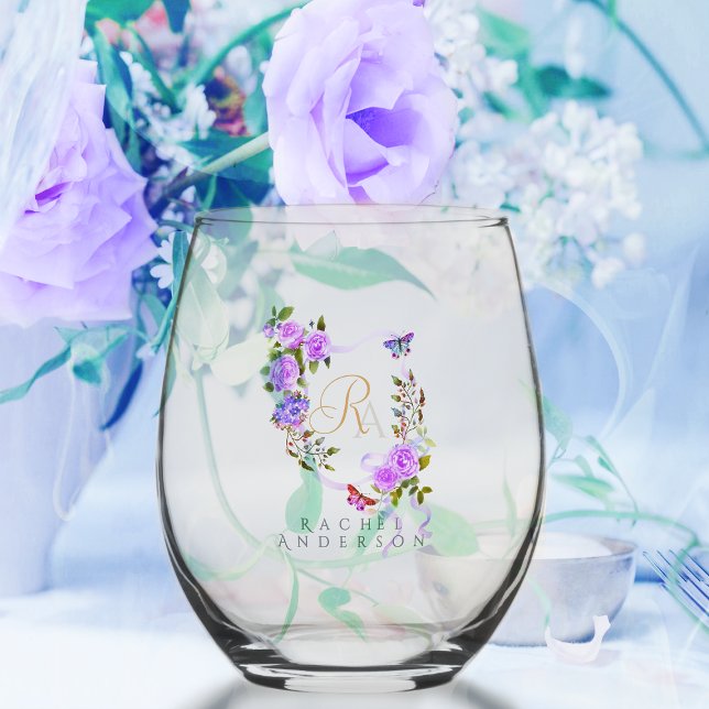 Verre À Vin Sans Pied Monogramme à ruban Rose violet (Romantic Purple Rose Ribbon Monogram Wine Glass.)