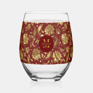 Verre À Vin Sans Pied Monogramme Brown rouge et or de Damas Florales