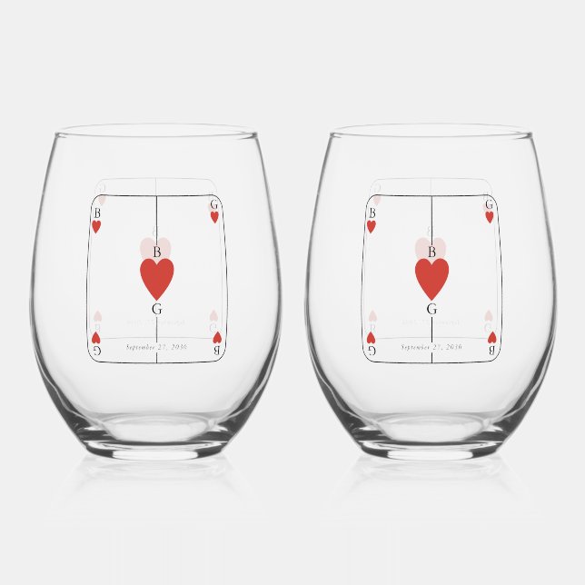 Verre À Vin Sans Pied Monogramme Coeurs Jouer Carte Mariage Faveur (Recto)