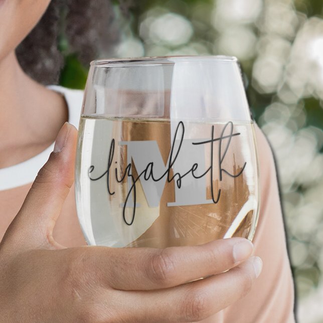 Verre À Vin Sans Pied Monogramme de nom manuscrit (Stemless wine glasses with hand scripted name over silver monogram initial )