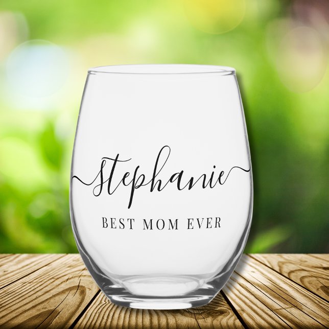 Verre À Vin Sans Pied Monogramme de script personnalisé Meilleure Maman (Créateur téléchargé)