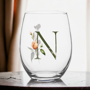 Verre À Vin Sans Pied Monogramme Floral Féminin Initial La Lettre N