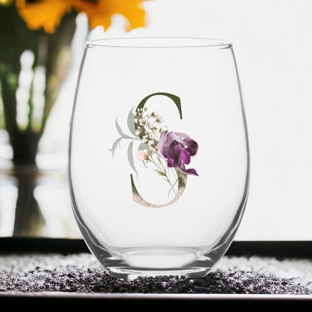 Verre À Vin Sans Pied Monogramme Floral Féminin Initial S (Créateur téléchargé)