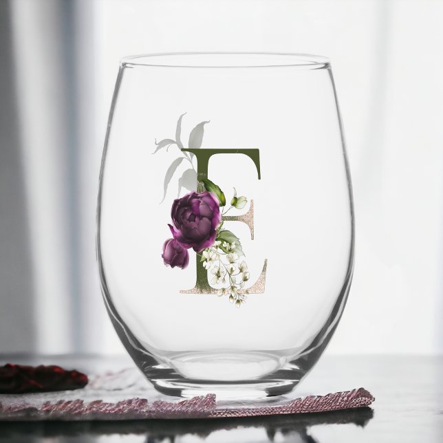 Verre À Vin Sans Pied Monogramme Floral Féminin La Lettre E (Créateur téléchargé)