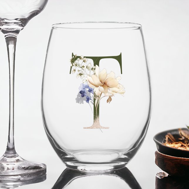 Verre À Vin Sans Pied Monogramme Floral Féminin La Lettre T (Créateur téléchargé)