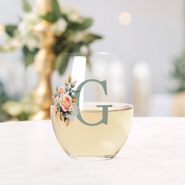 Verre À Vin Sans Pied Monogramme floral moderne élégant (Insitu (Mariage))