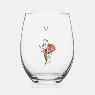Verre À Vin Sans Pied Monogramme Floral Moderne en Aquarelle Rose Bourgu