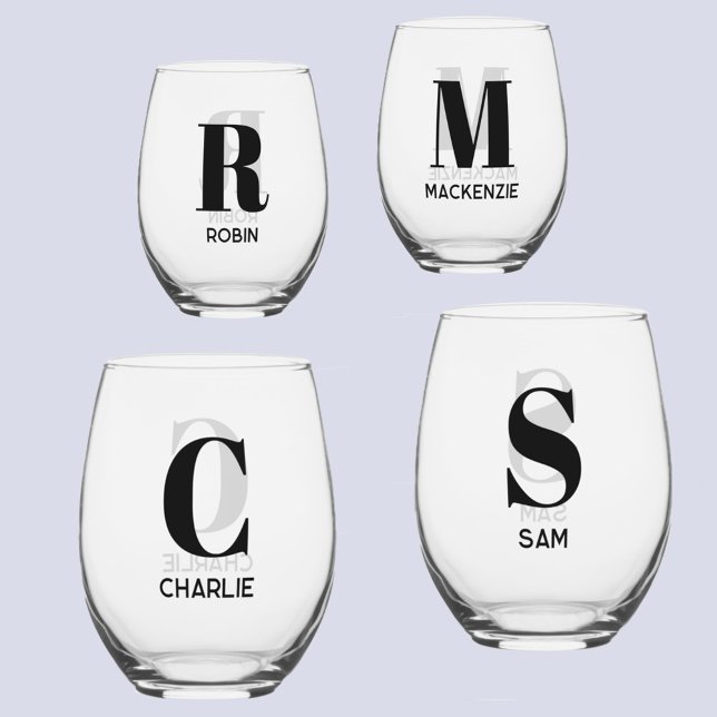 Verre À Vin Sans Pied Monogramme moderne simple Nom initial Personnalisé (Monogram initial name personalized modern stemless wine glasses)