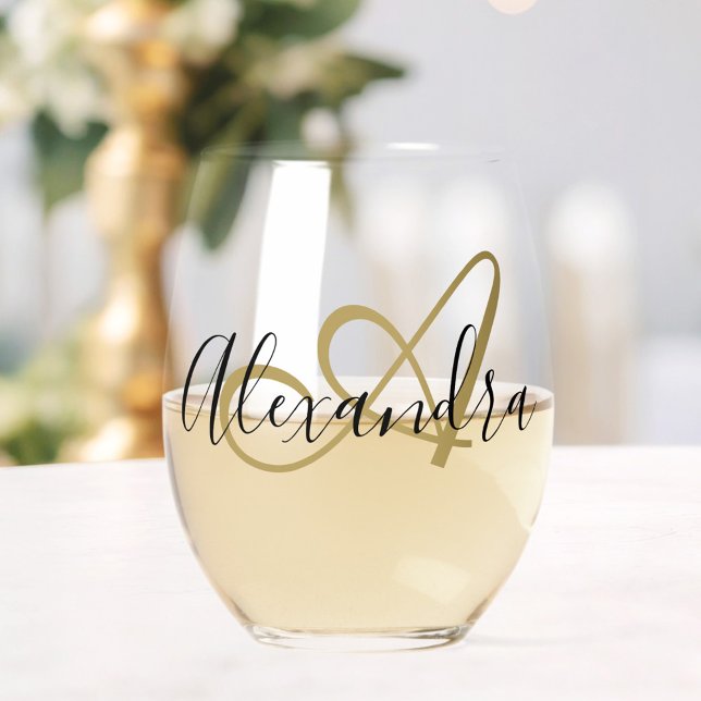 Verre À Vin Sans Pied Monogramme Or Noir Élégant Nom Script (Monogram Black Gold Elegant Script Name Stemless Wine Glass)