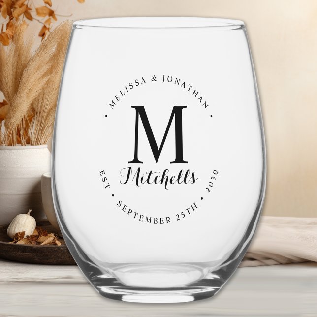 Verre À Vin Sans Pied Monogramme personnalisé Nom Date Mariage élégant m (Créateur téléchargé)