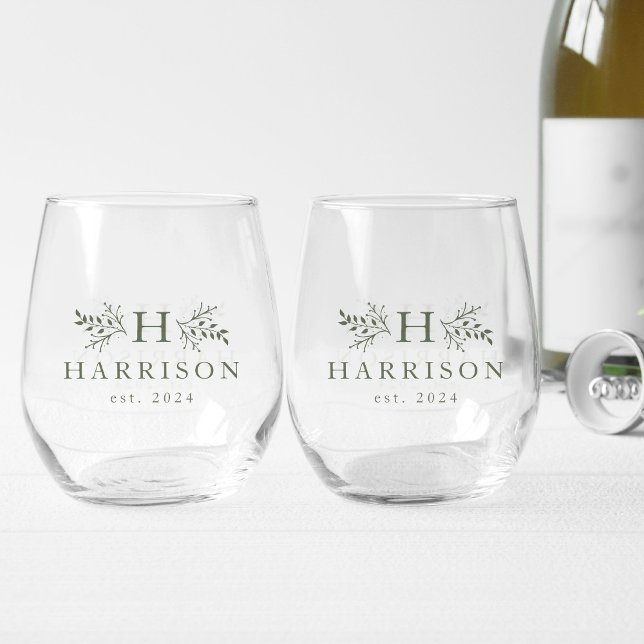 Verre À Vin Sans Pied Monogramme rustique simple nom initial sauge vert (Créateur téléchargé)
