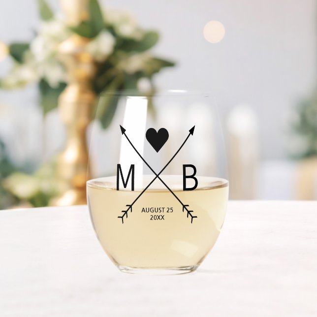 Verre À Vin Sans Pied Monogrammes personnalisés Love Heart Flèches 2024 (Insitu (Mariage))