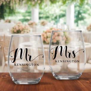 Verre À Vin Sans Pied Monsieur et Madame Nouvellement Mariés Typographie