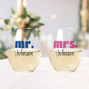 Verre À Vin Sans Pied Mr & Mrs Mariage personnalisé Chic Script