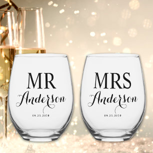 Verre À Vin Sans Pied Mr & Mrs Modern Elegant Personnalisé Nom Date Mari