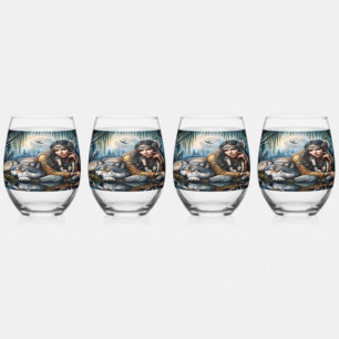 Verre À Vin Sans Pied Mystique Une Américaine Autochtone Avec Des Loups