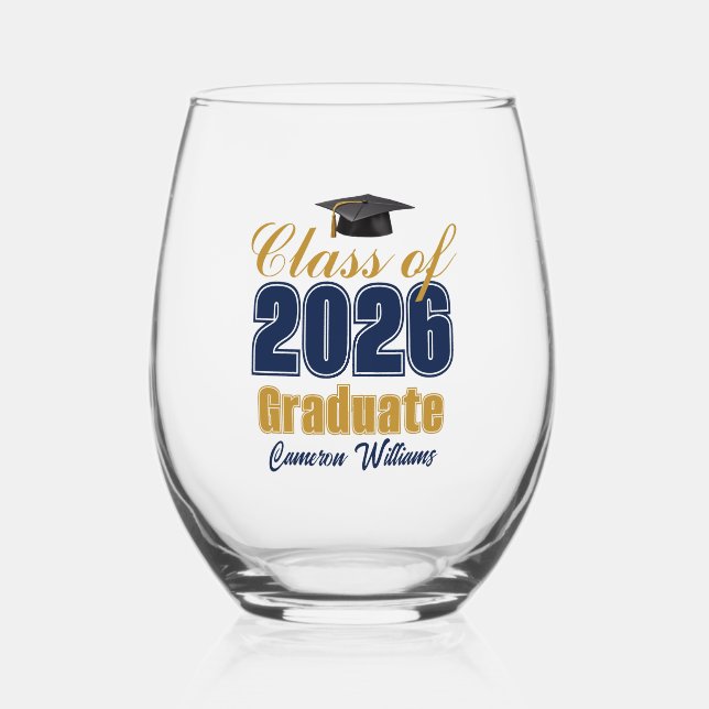 Verre À Vin Sans Pied Navy Blue Gold Class of 2026 Graduation (Recto)