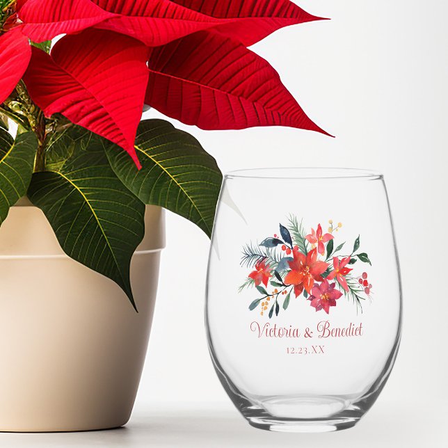 Verre À Vin Sans Pied Noel rouge Poinsetta Floral Custom Wedding (Créateur téléchargé)