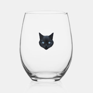 Verre À Vin Sans Pied Noir Chat Visage Bleu Yeux Graphique Tee Chat Homm