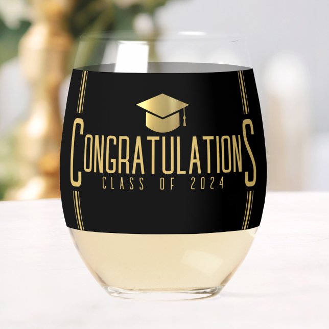 Verre À Vin Sans Pied Noir et or Félicitations à la promotion de fin d'é (Black & Gold Congratulations Class Of Graduation Stemless Wine Glass)
