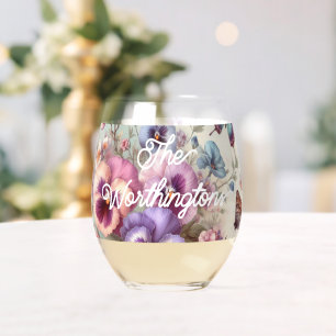 Verre À Vin Sans Pied Nom Aquarelle Vintages Pansies Fleurs Pastels