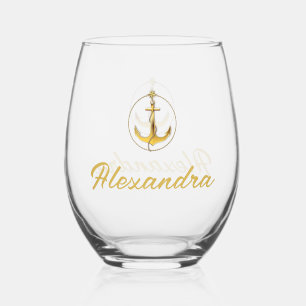 Verre À Vin Sans Pied Nom de l'Ancre de bateau couleur or marine personn