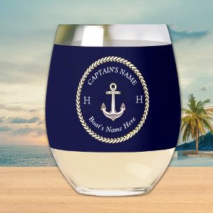 Verre À Vin Sans Pied Nom du bateau nautique Ancre Corde Marine Bleu Bla