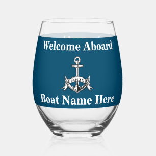 Verre À Vin Sans Pied Nom du bateau nautique personnalisé Ancre Bleu Bla
