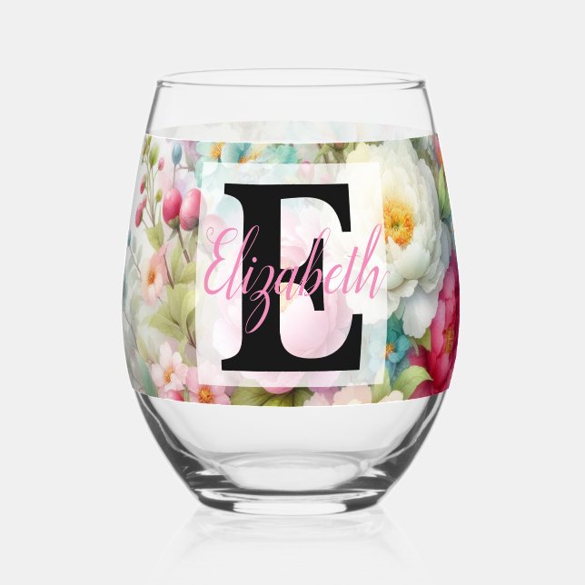 Verre À Vin Sans Pied Nom du monogramme sur l'aquarelle Fleurs en pastel (Recto)