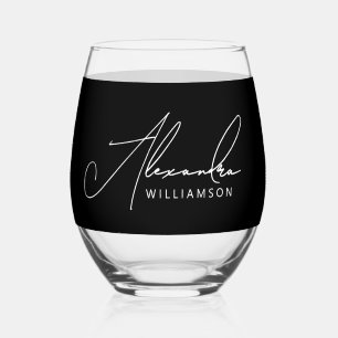 Verre À Vin Sans Pied Nom Élégant De Style Calligraphié Noir Et Blanc 