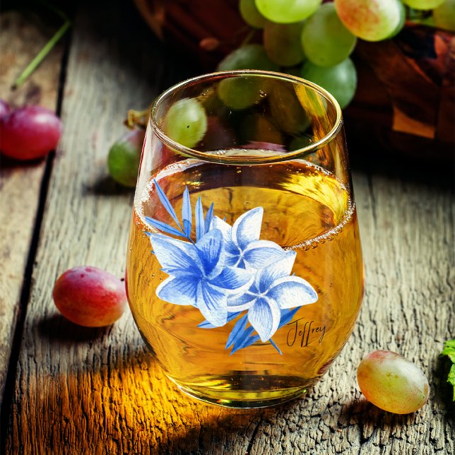 Verre À Vin Sans Pied Nom élégant subtil, Frangipanis Tropical Cobalt (Créateur téléchargé)