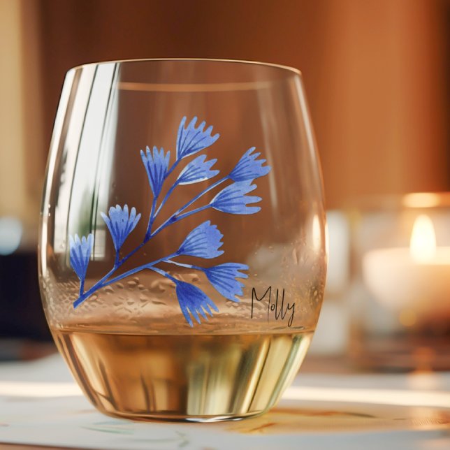Verre À Vin Sans Pied Nom Élégant Subtil sur Feuille Tropicale de Cobalt (Créateur téléchargé)