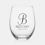 Verre À Vin Sans Pied Nom et monogramme de la servante d'accueil personn<br><div class="desc">Elégant cadeau de demoiselle d'honneur personnalisé avec monogramme personnalisé en noir élégant style de police de script avec nom et titre de demoiselle d'honneur dans le style de police serif classique. Parfait aussi pour les groomsmen, meilleur homme, père de la mariée, bonne d'honneur, fille de fleurs, mère de la mariée...</div>
