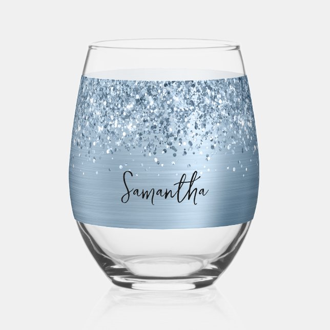 Verre À Vin Sans Pied Nom Glam Bleu Clair Pailleté (Recto)