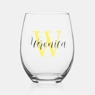 Verre À Vin Sans Pied Nom initial et nom noir jaune citron Élégant