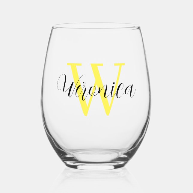 Verre À Vin Sans Pied Nom initial et nom noir jaune citron | Élégant (Recto)