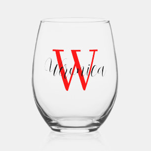 Verre À Vin Sans Pied Nom initial rouge et nom noir Élégant