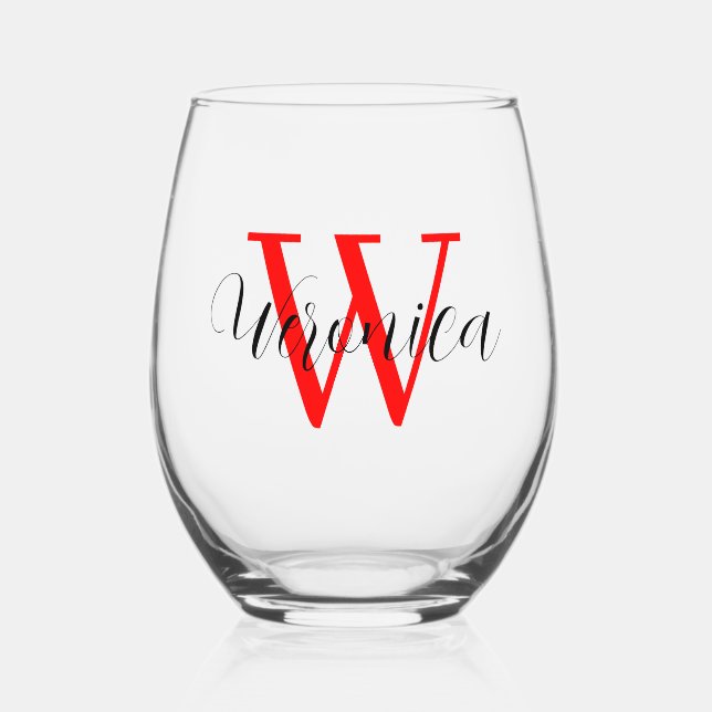 Verre À Vin Sans Pied Nom initial rouge et nom noir | Élégant (Recto)