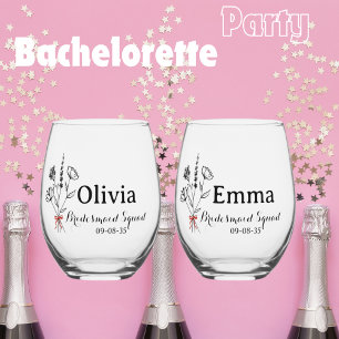 Verre À Vin Sans Pied Nom Personnalisé, Bow Flower Russe, Bridesmaid, Ma