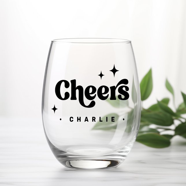 Verre À Vin Sans Pied Nom personnalisé des étoiles de police rétro (Cheers retro font stars custom name stemless wine glass)
