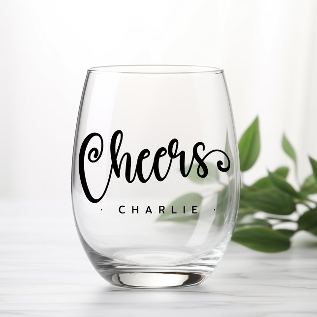 Verre À Vin Sans Pied Nom personnalisé du script mignon (Cheers cute script custom name stemless wine glass)
