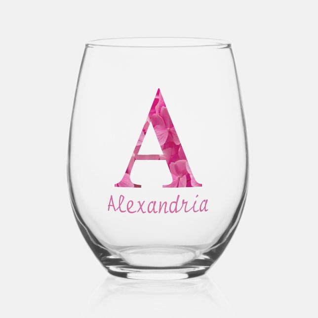 Verre À Vin Sans Pied Nom personnalisé Élégant rose floral Monogramme "A (Recto)